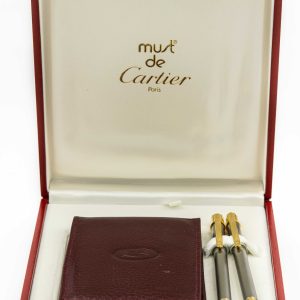 NOS Must de Cartier France Gold Finish Ballpoint Pen & Pencil Wallet Set with Box