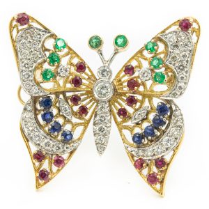 Estate Yellow Gold Diamond Ruby Sapphire and Emerald Brooch