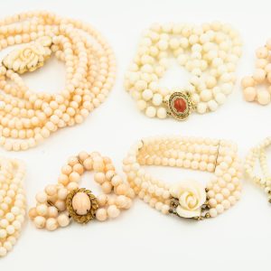 Estate Collection of (7) Yellow Gold and Beaded Coral Bracelet and Necklace Suite