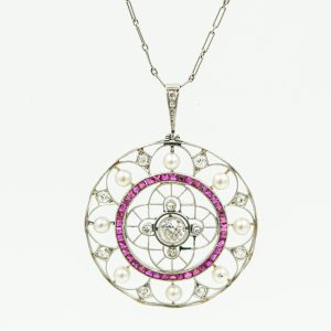 Estate Pretty Diamond Ruby and Natural Pearl Pendant By George Fouquet