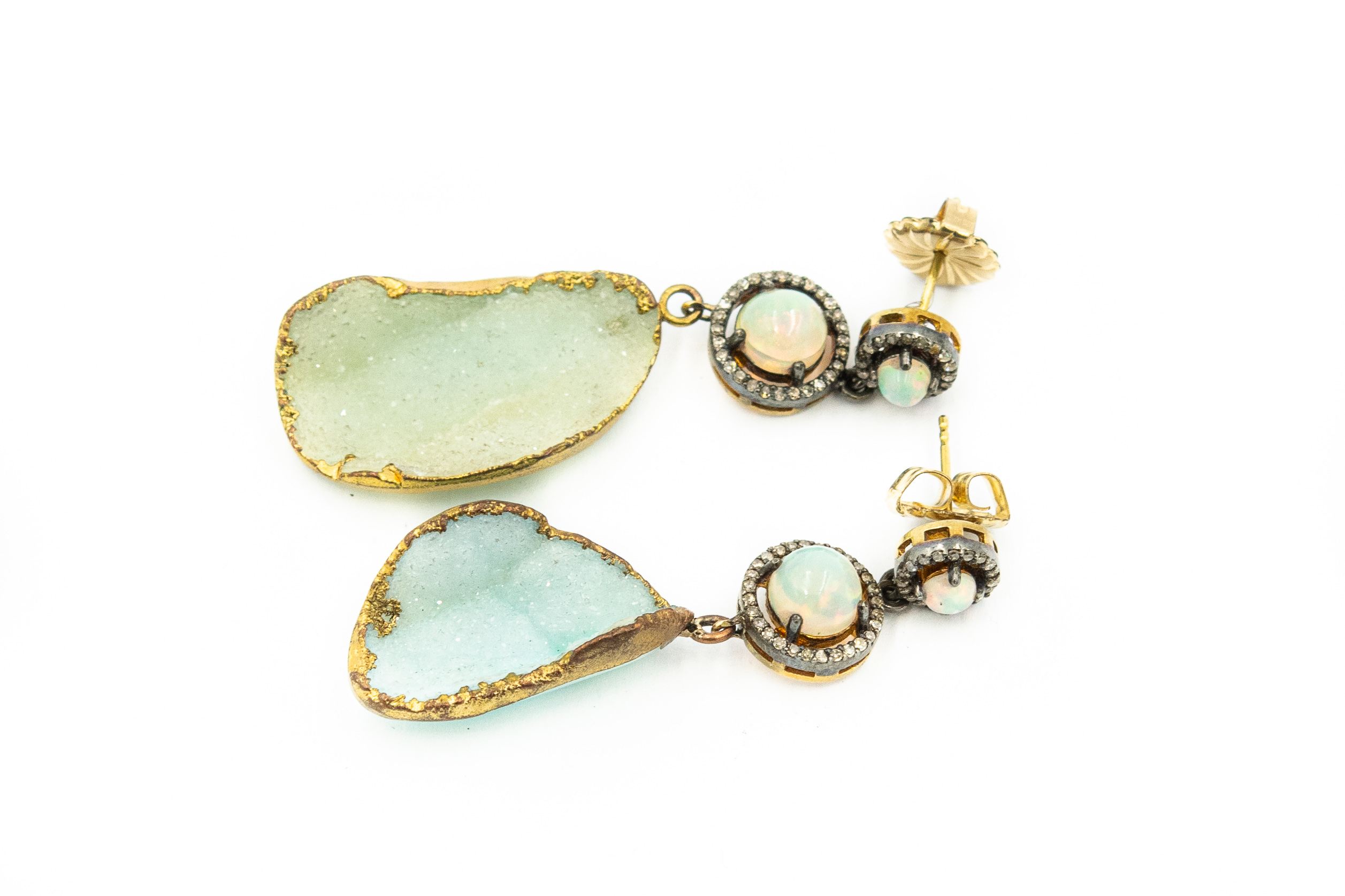 Estate Sterling Silver Opal and Diamond Ear Pendants