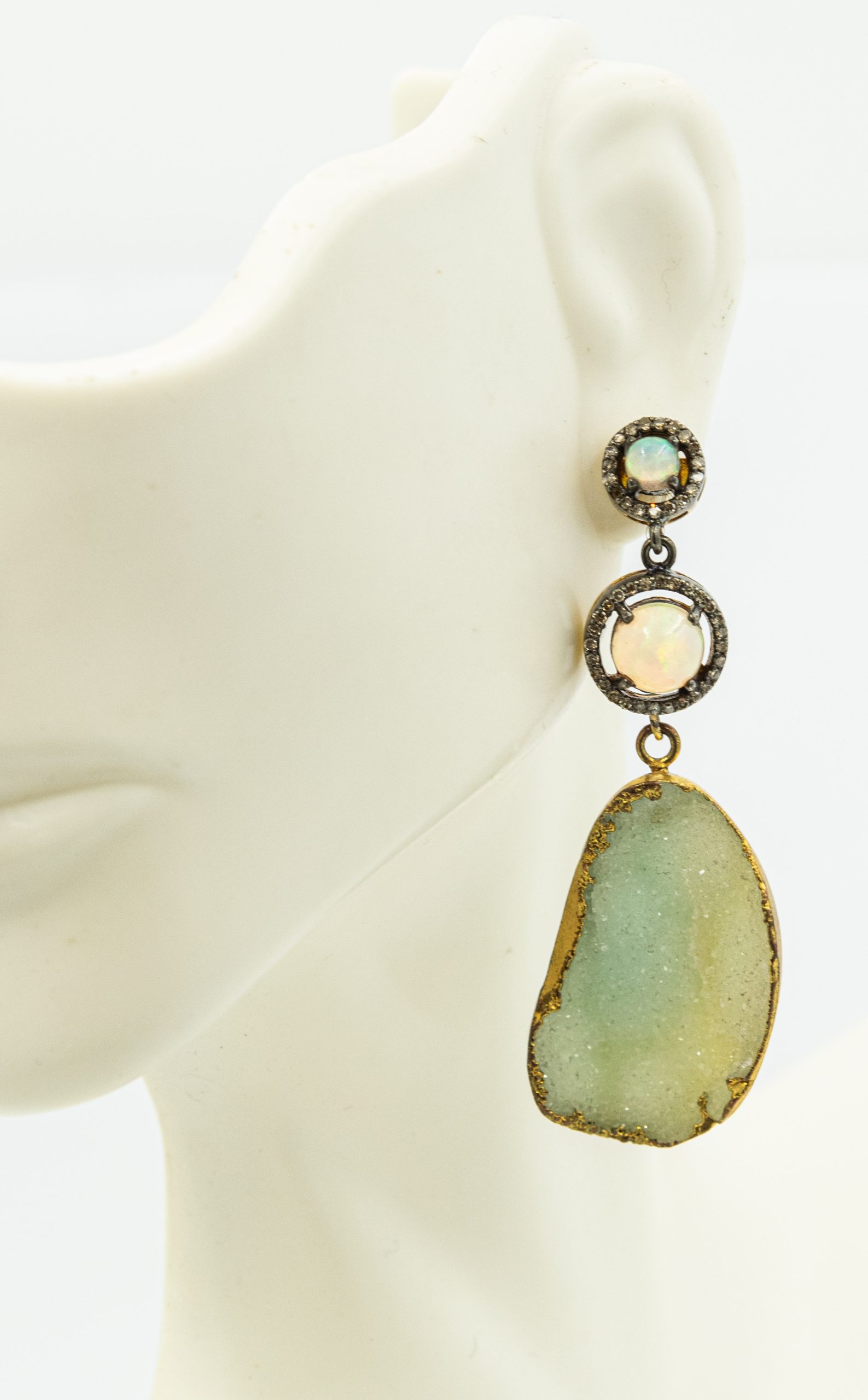 Estate Sterling Silver Opal and Diamond Ear Pendants