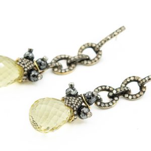 Estate Silver Topped Yellow Gold Diamond and Citrine Ear Pendants