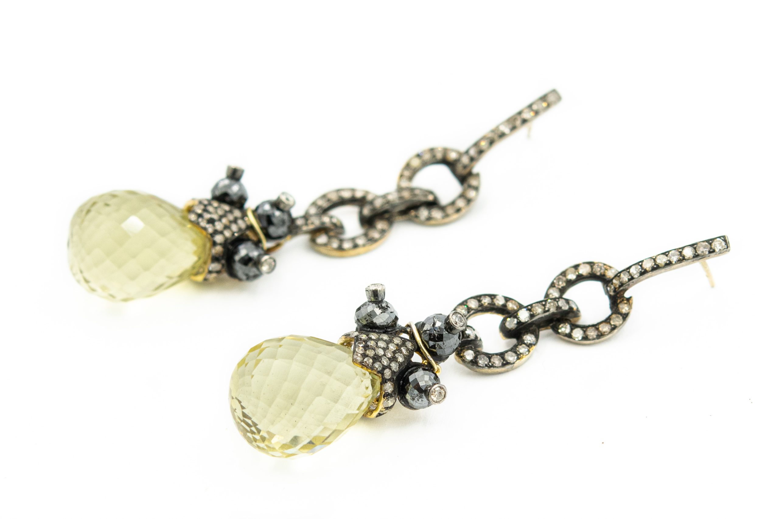 Estate Silver Topped Yellow Gold Diamond and Citrine Ear Pendants