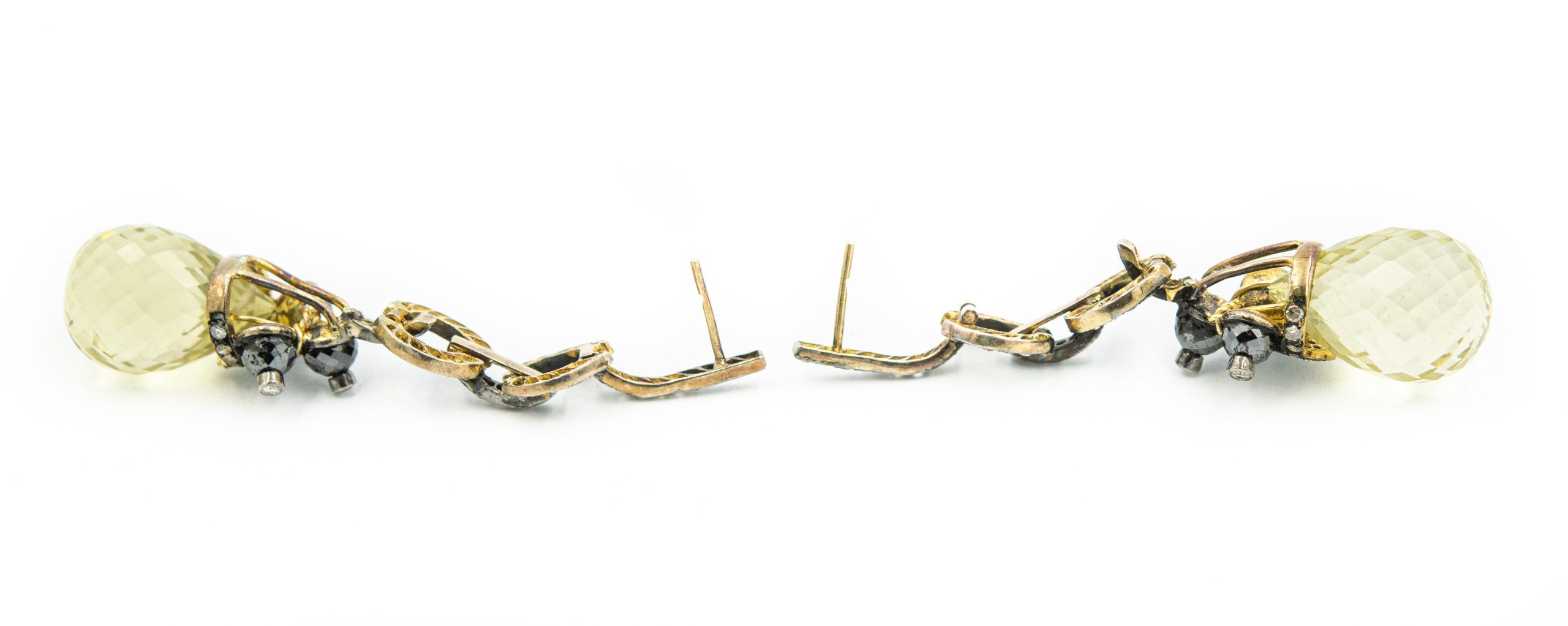 Estate Silver Topped Yellow Gold Diamond and Citrine Ear Pendants