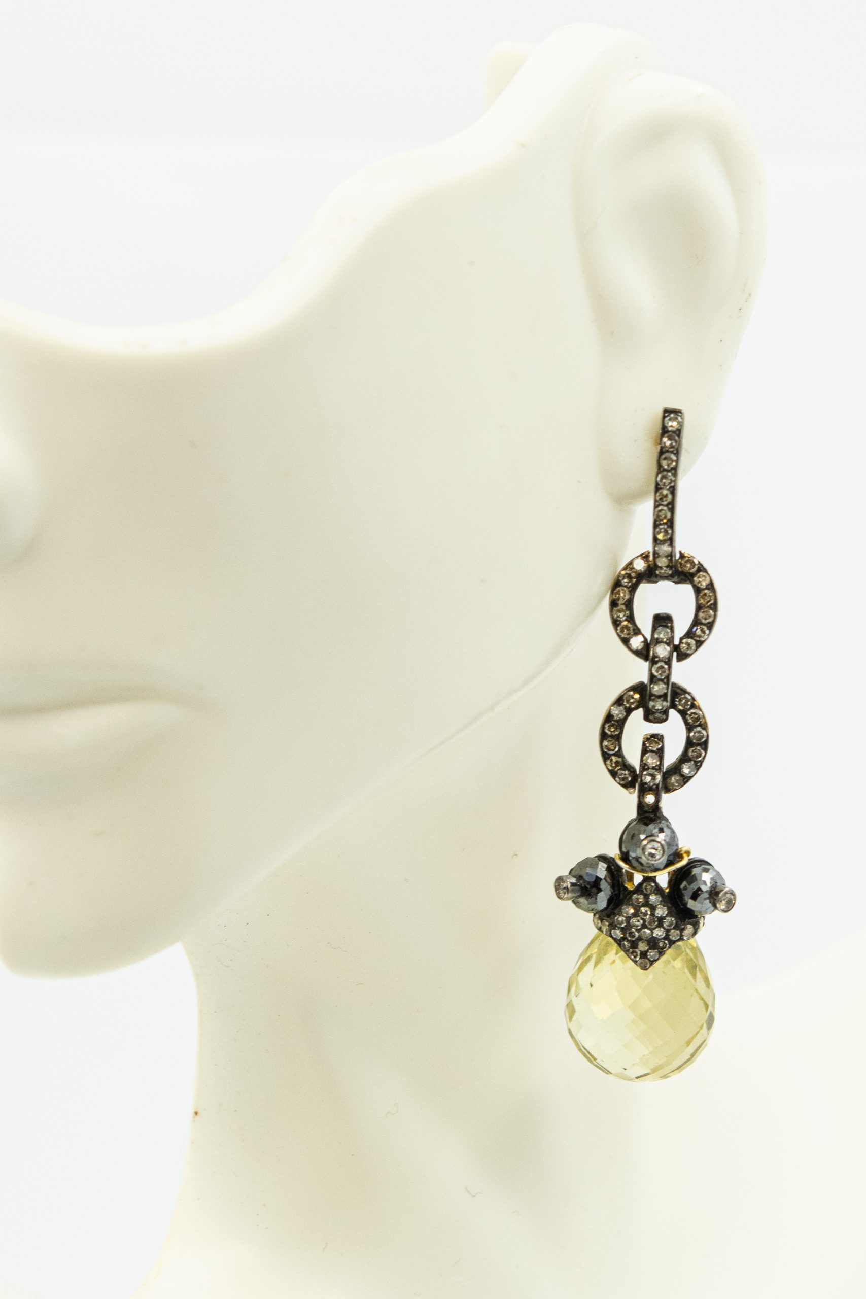 Estate Silver Topped Yellow Gold Diamond and Citrine Ear Pendants