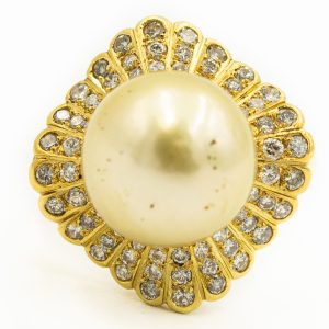 Estate Yellow Gold South Sea Pearl and Diamond Ring