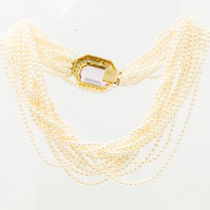 Estate Yellow Gold Diamond Kunzite and Pearl 14 Strand Necklace