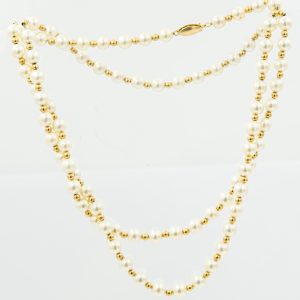 Estate Single Strand Cultured Pearl and Gold Bead Necklace