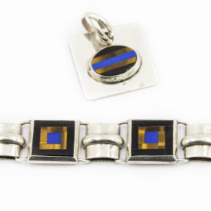 Estate Sterling Silver Inlayed Gemstone Bracelet and Pendant Suite