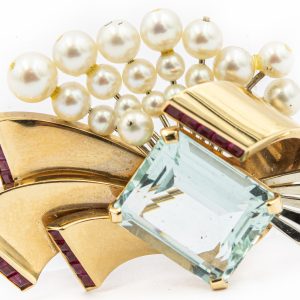 Estate Retro Yellow Gold Aquamarine Ruby and Pearl Brooch