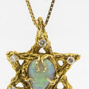 Estate Yellow Gold Diamond and Opal Star of David Pendant Necklace by Maurice Katz