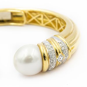 Estate Yellow Gold Diamond and South Sea Pearl Bangle and Ring Suite