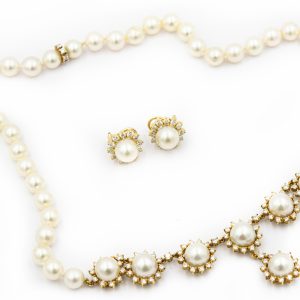 Estate Yellow Gold Diamond and Cultured Pearl Necklace and Earrings Suite