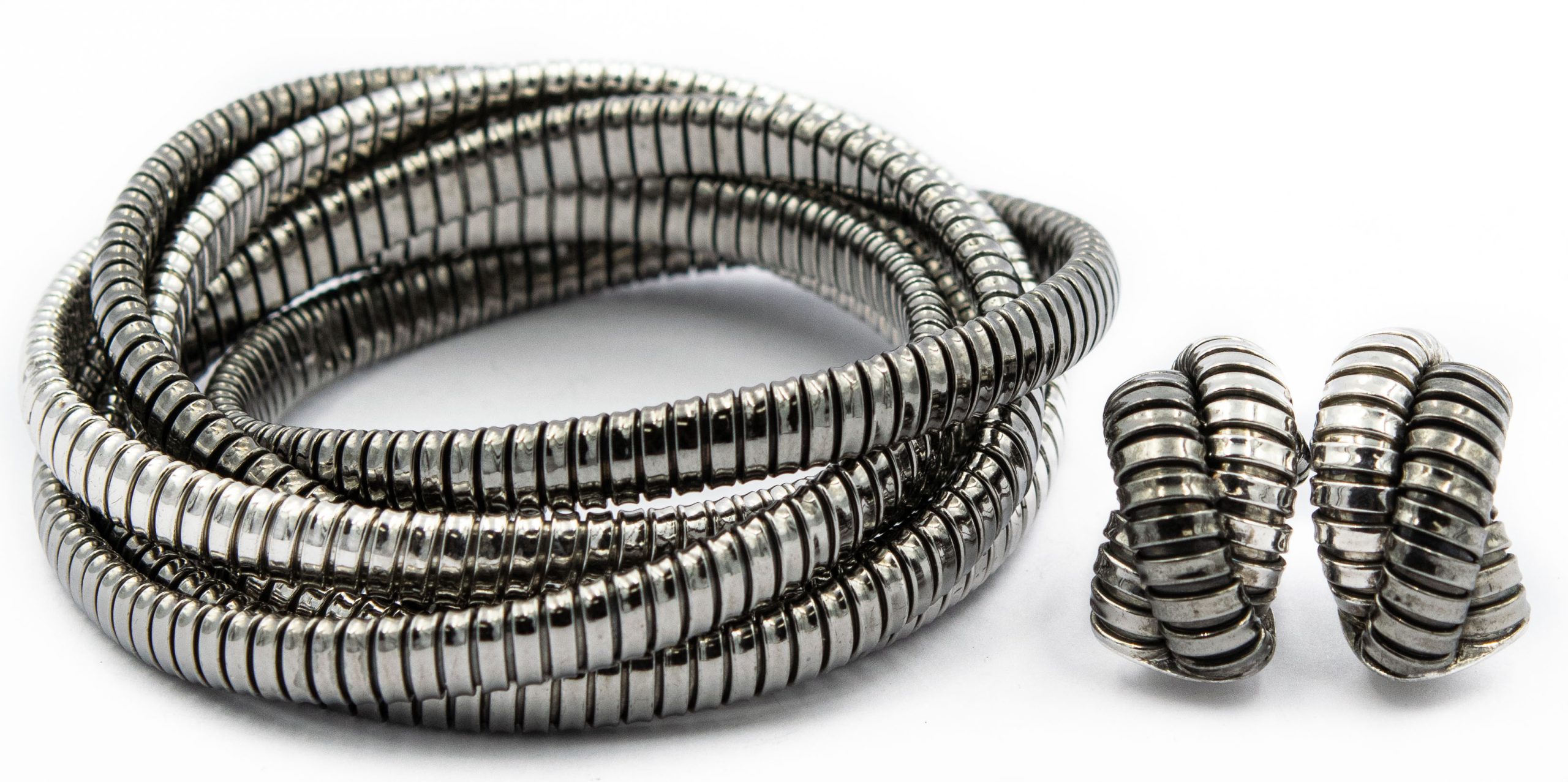 Estate Triple Tri Colored Sterling Silver Bangles and Earrings Suite