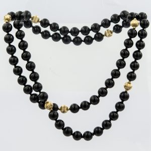 Estate Endless Onyx and Yellow Gold Bead Necklace