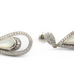 Estate White Gold Mother of Pearl and Diamond Tear Drop Motif Earrings by Kabana
