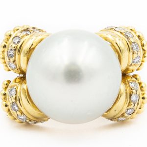 Estate Yellow Gold Diamond and South Sea Pearl Ring