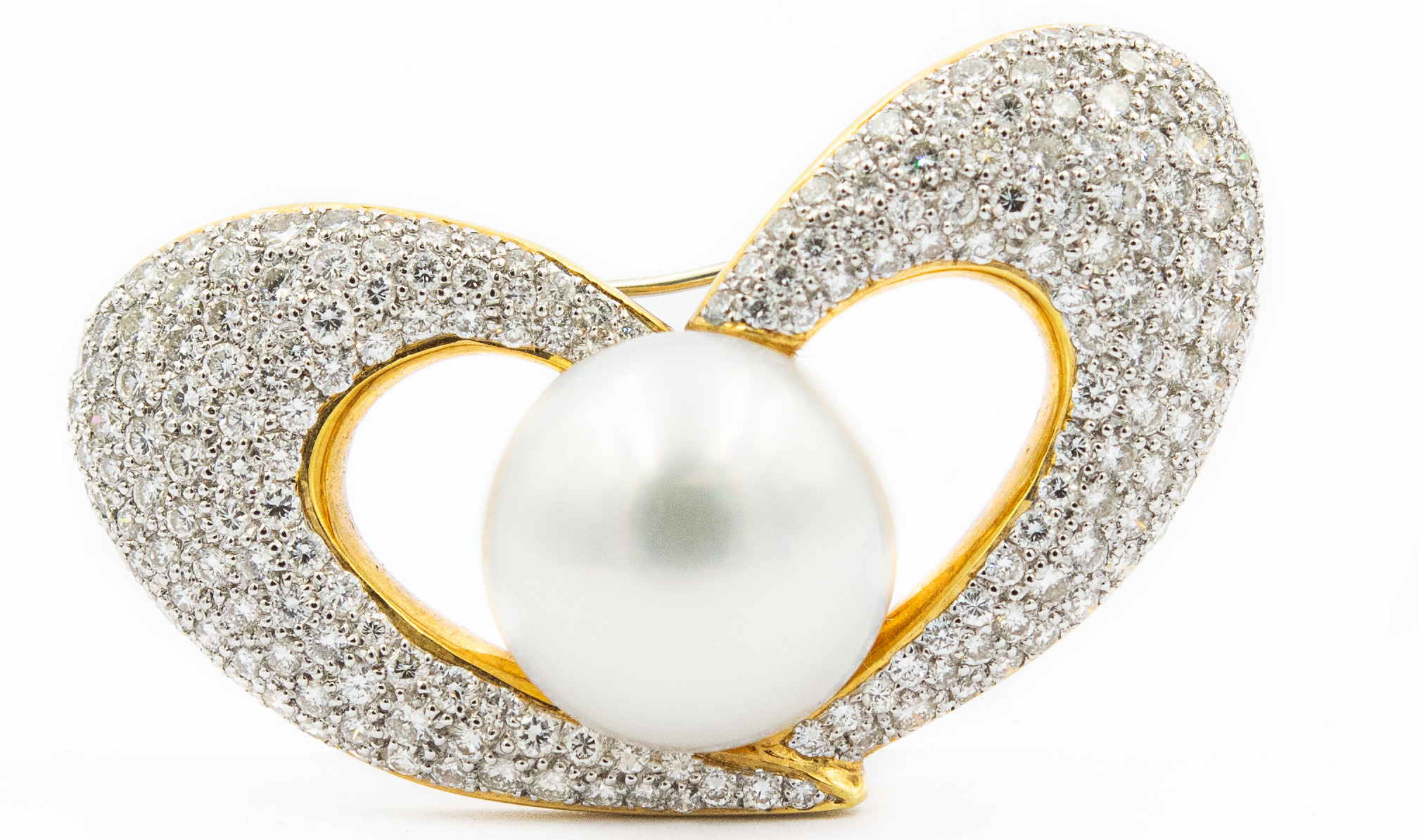 Estate Yellow Gold Diamond and South Sea Pearl Heart Motif Brooch