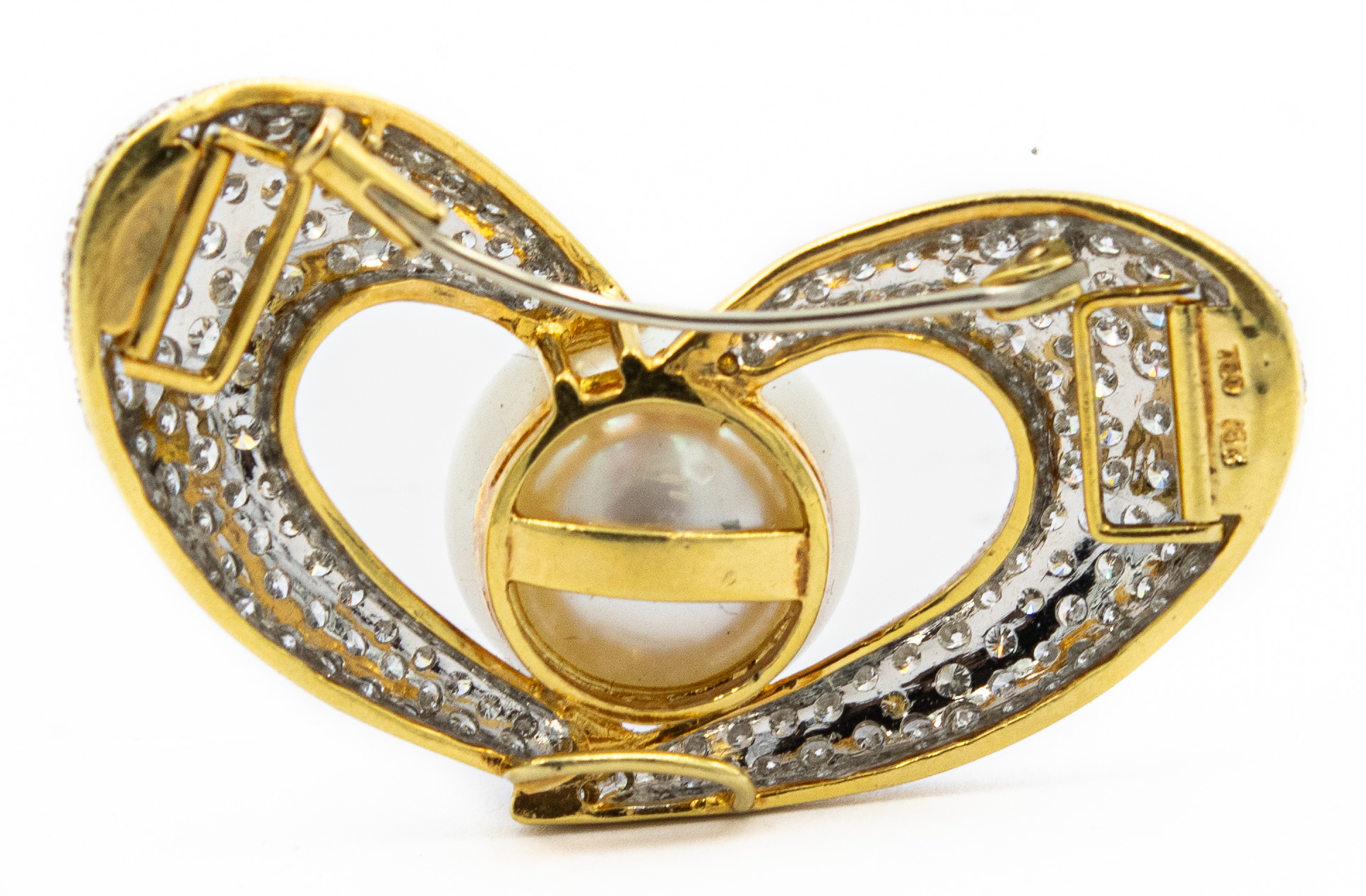 Estate Yellow Gold Diamond and South Sea Pearl Heart Motif Brooch