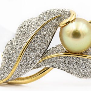 Estate Yellow Gold Diamond and Golden Pearl Leaf Motif Brooch
