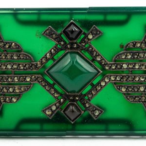 Estate Art Deco Green Onyx and Marcasite Silver Brooch