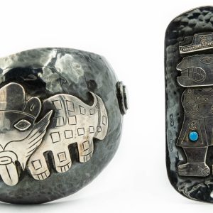 Estate Sterling Silver Imposed Inca Mythical Beast Bangle and Brooch Suite