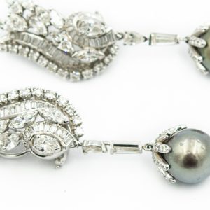 Estate White Gold Diamond and Black Cultured Pearl Day/Night Ear Pendants