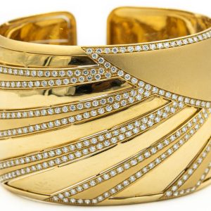 Contemporary Yellow Gold and Diamond Cuff Bracelet by Maseno Italy