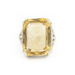 Art Deco White Gold and Citrine Filigree Intaglio Ring
