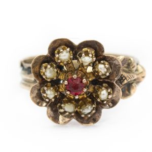 Victorian Yellow Gold Red Gemstone and Seed Pearl Ring