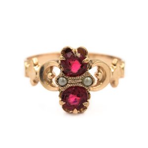 Victorian Rose Gold Pearl and Red Gemstone Ring