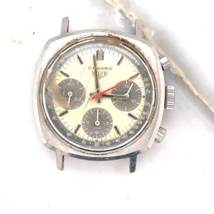 MK Personal Collection Rare Heuer Camaro Panda Dial Valjoux 72 Chronograph Wristwatch Ref 7220 Circa 1968