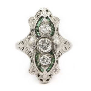 Estate Art Deco White Gold Platinum Top Diamond and Emerald Ring