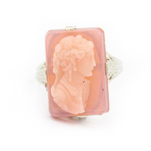 Art Deco White Gold and Carved Cameo Ring