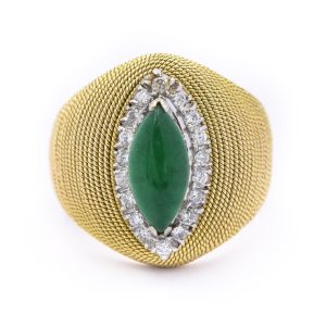 Estate Contemporary Yellow Gold Diamond and Jade Cluster Style Ring