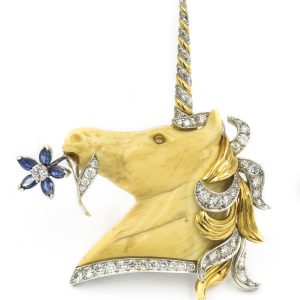 Estate Vaillant Yellow and White Gold Diamond and Blue Sapphire Unicorn Brooch