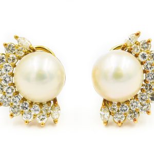 Estate Contemporary Cartier Yellow Gold Diamond and Mabe Pearl Earrings