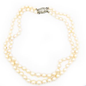 Estate 2 Strand Cultured Pearl Necklace with Platinum and Diamond Clasp
