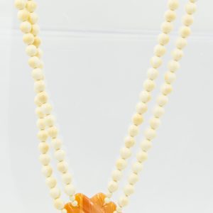 Estate Bead Necklace with White Beads and Banded Agate Pendant