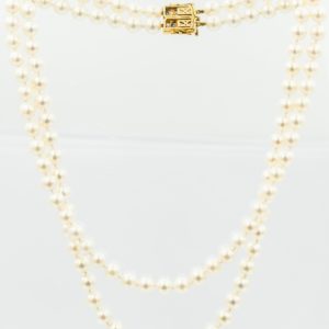Estate Double Strand Pearl Necklace with Yellow Gold Sapphire and Diamond Clasp