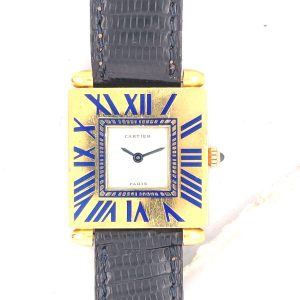 Mk & DK Personal Collection Rare Ladies 18K Yellow Gold & Enamel Cartier Tank Obus Wristwatch Circa 1980