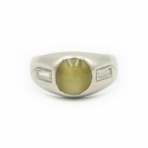 Estate Art Deco Platinum Chrysoberyl Cats Eye and Diamond Ring