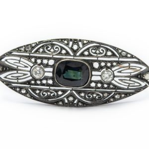 Estate White Gold Silver Topped Diamond and Sapphire Brooch