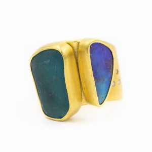 Estate Contemporary Yellow Gold Diamond Sea Glass and Opal Ring by Betsy Fuller