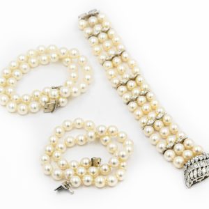 Estate White Gold Pearl and Diamond Bracelet with 2 Pearl Extension Strands