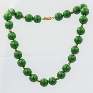 Estate Green Bead Necklace with Yellow Gold Clasp and Bead Spacers