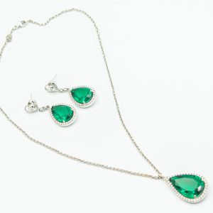 Estate White Gold Diamond and Green Gemstone Necklace and Earrings Suite