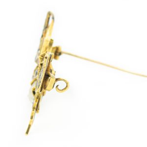Estate Plique A Jour Yellow Gold Enamel Diamond and Pearl Butterfly Brooch