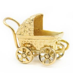 Estate Vintage Yellow Gold Movable Baby Carriage Pendant Charm